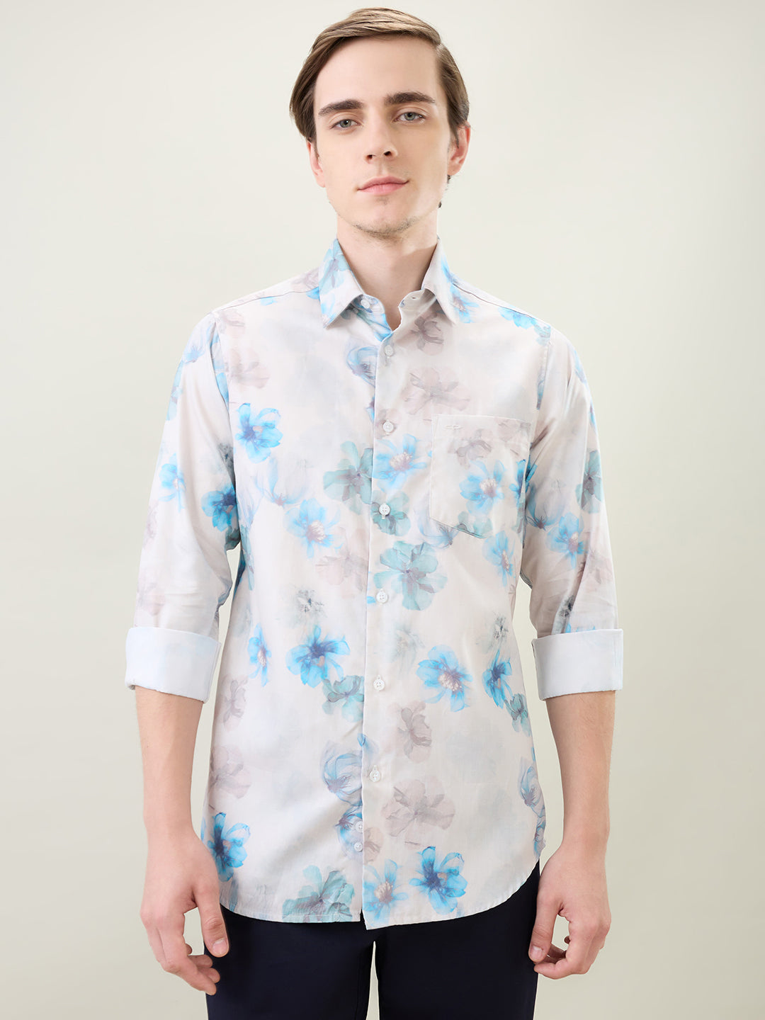 Colorplus Men Blue Printed Slim Fit Cotton Full Sleeve Casual Shirt