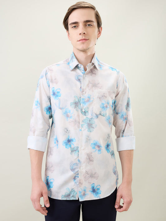 Colorplus Men Blue Printed Slim Fit Cotton Full Sleeve Casual Shirt