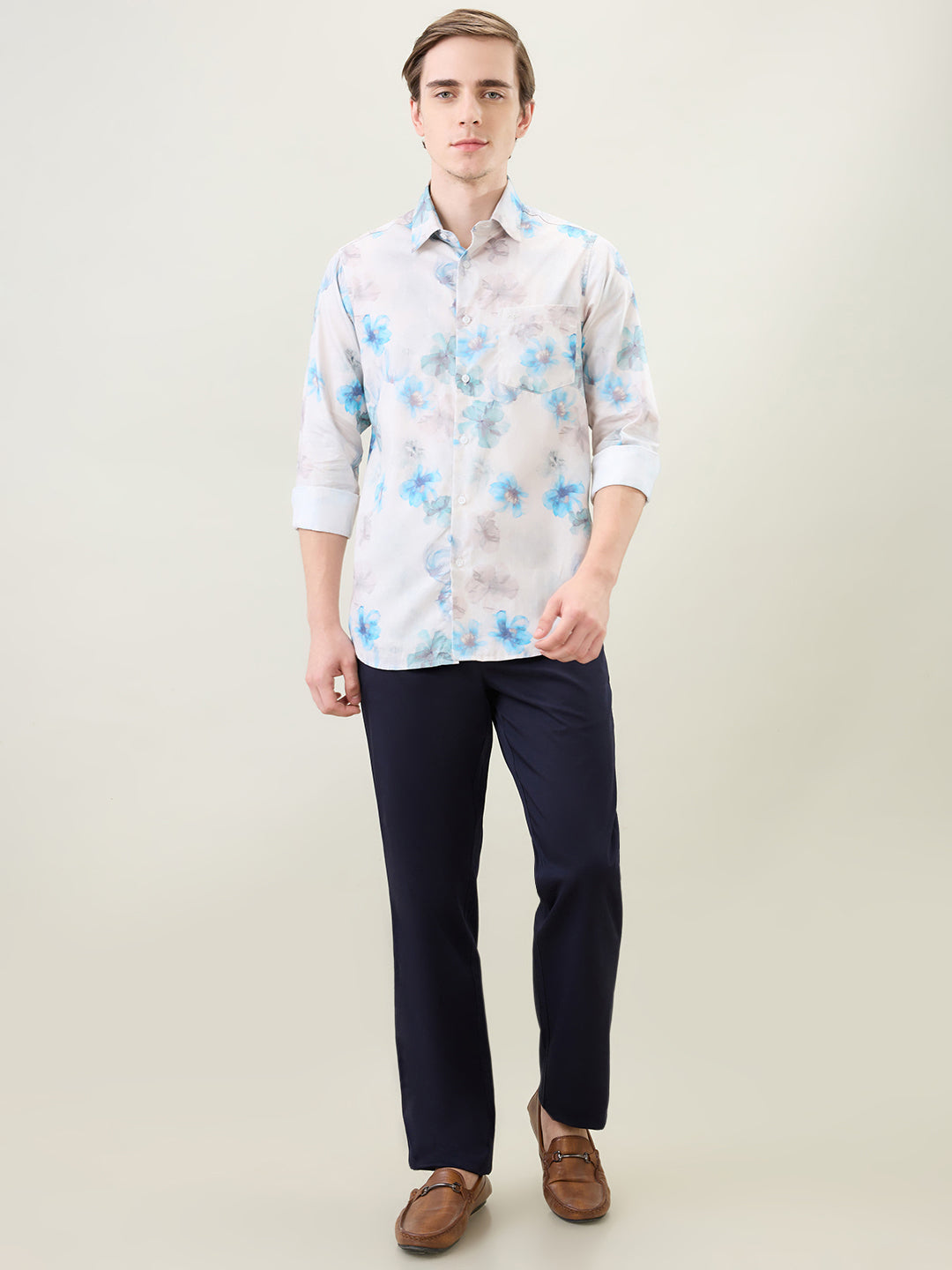 Colorplus Men Blue Printed Slim Fit Cotton Full Sleeve Casual Shirt