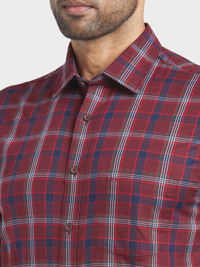 Colorplus Red Checks Tailored Fit Full Sleeve Cotton Shirt