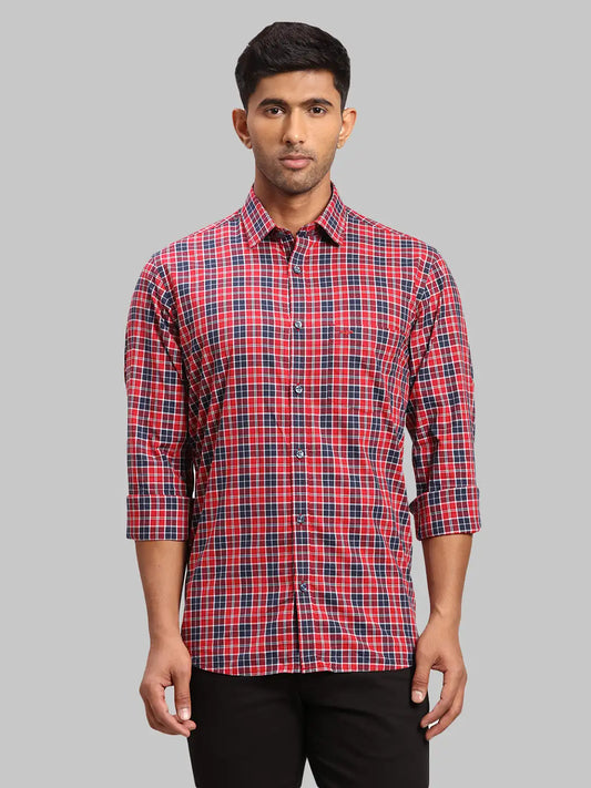 Men Red Tailored Fit Checks Cotton Full Sleeve Shirts