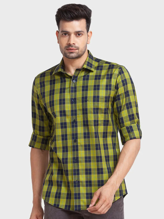 Men Green Tailored Fit Checks Cotton Full Sleeve Shirts