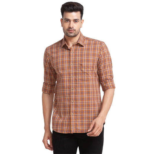 Men Maroon Tailored Fit Checks Cotton Full Sleeve Shirts