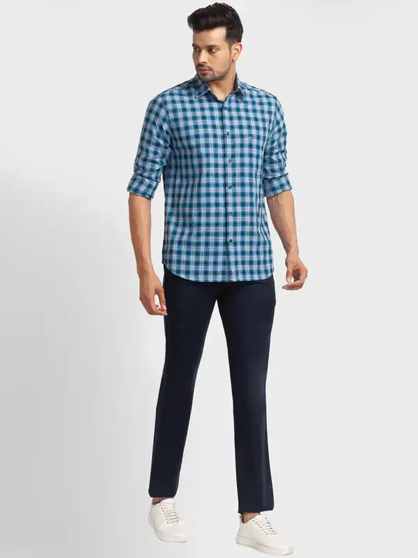 Men Blue Tailored Fit Checks Cotton Full Sleeve Shirts