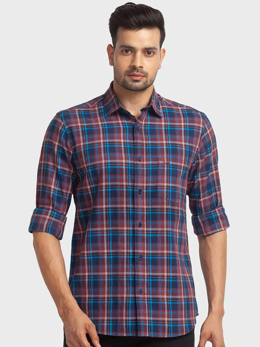 Colorplus Men Blue Checks Tailored Fit Cotton Casual Shirt