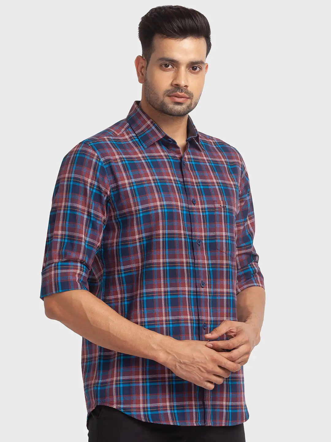 Colorplus Men Blue Checks Tailored Fit Cotton Casual Shirt