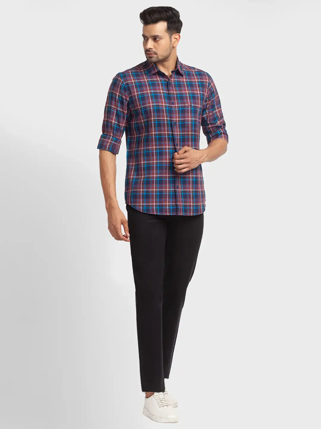 Colorplus Men Blue Checks Tailored Fit Cotton Casual Shirt