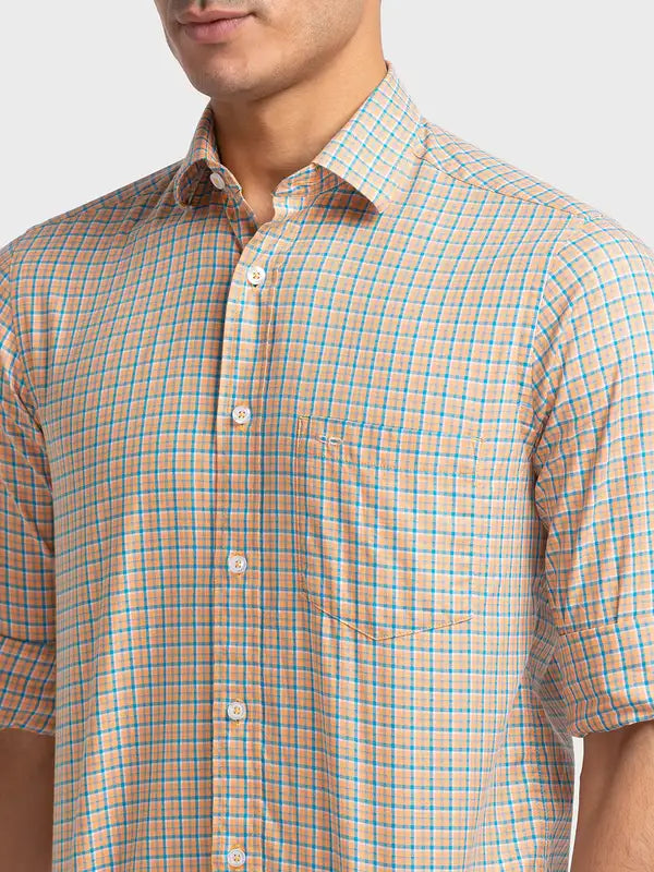 Men Orange Tailored Fit Checks Cotton Full Sleeve Shirts