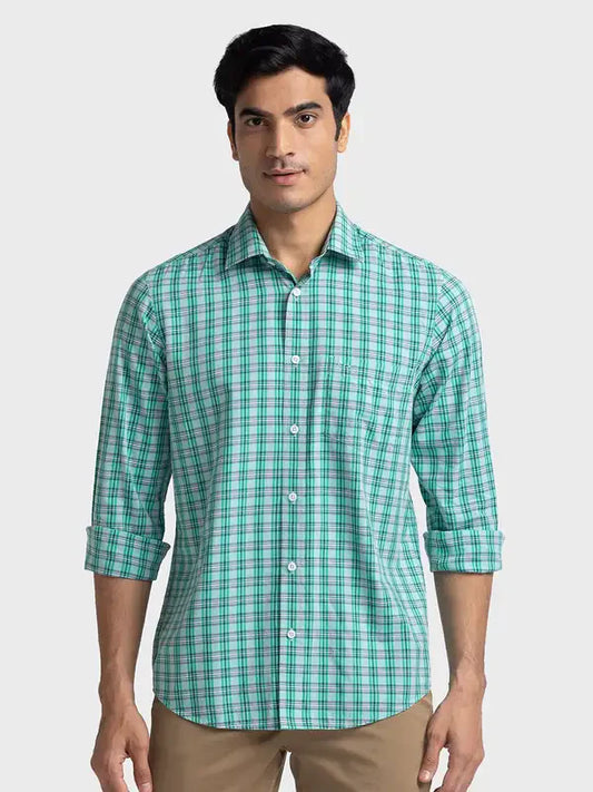 Men Green Tailored Fit Checks Viscose Cotton Blend Full Sleeve Shirts