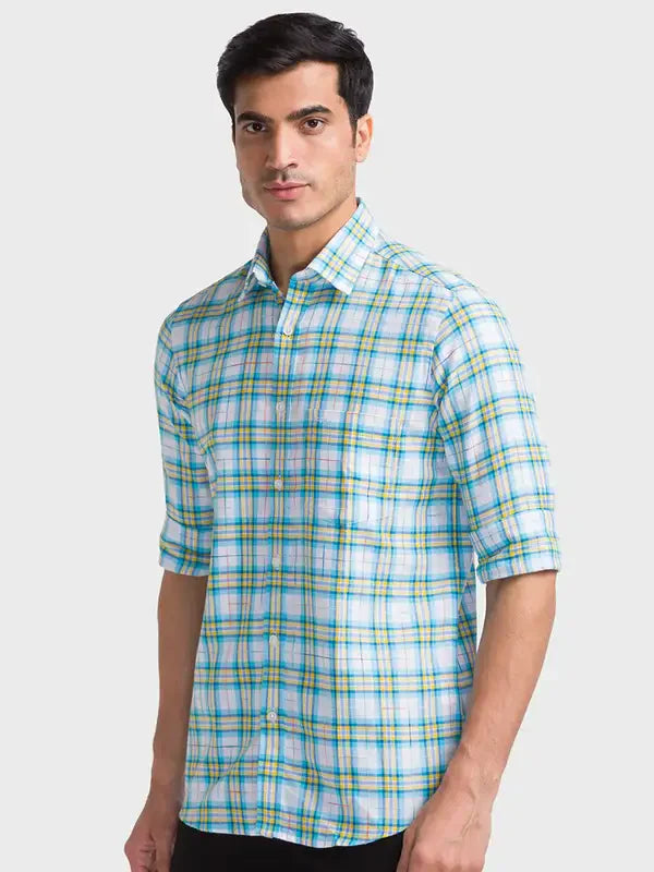 Men Blue Tailored Fit Checks Cotton Full Sleeve Shirts