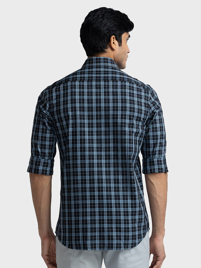 Colorplus Men Blue Checkered Tailored Fit Polyester Blend Casual Shirt