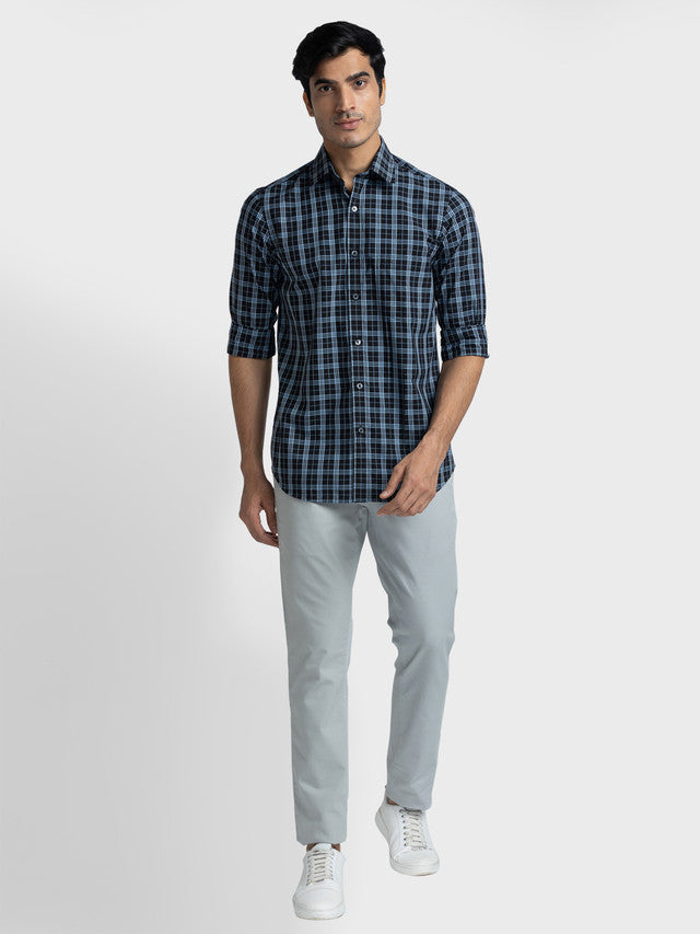 Colorplus Men Blue Checkered Tailored Fit Polyester Blend Casual Shirt