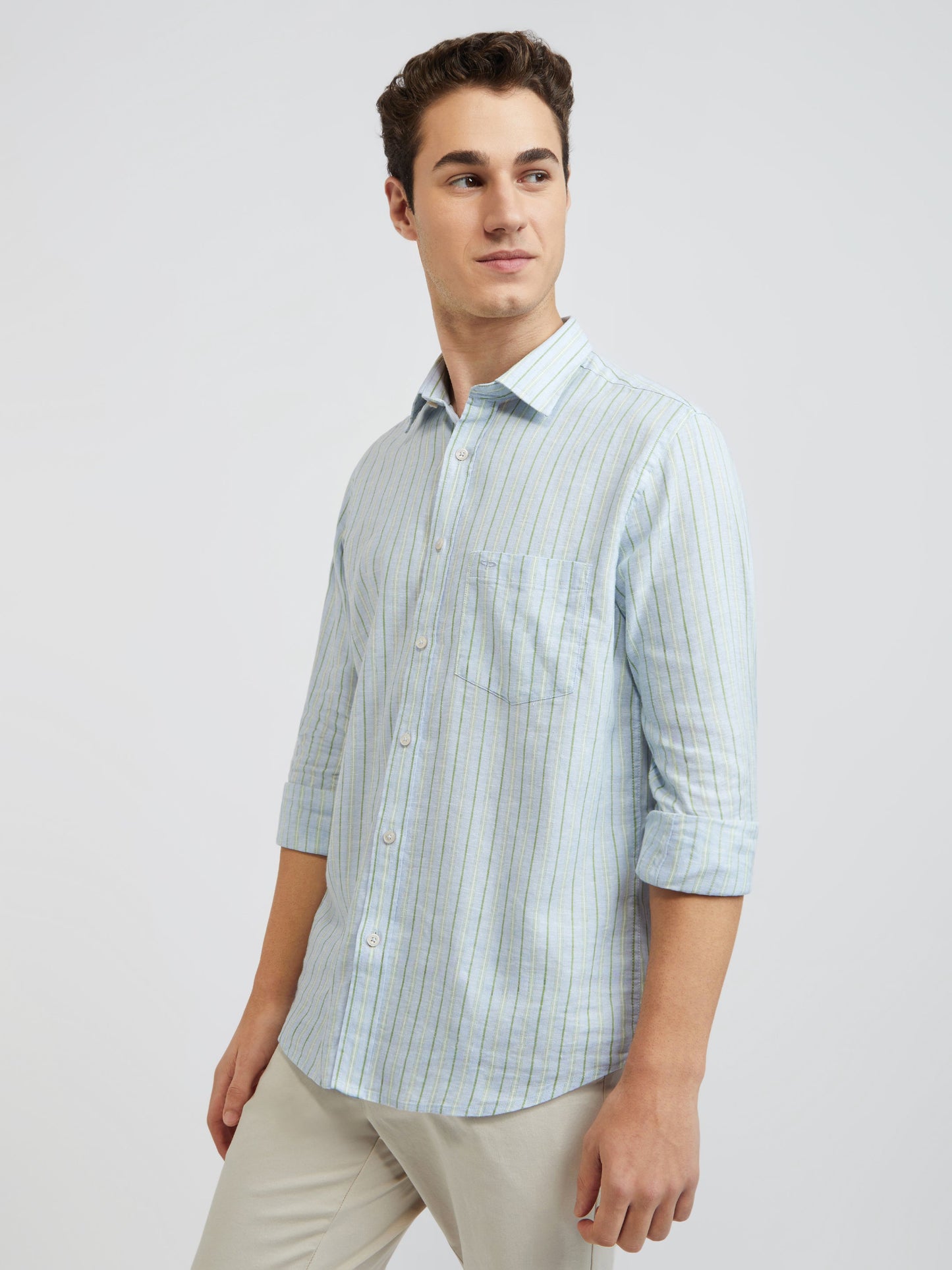 Colorplus Blue Stripe Tailored Fit Linen Blend Casual Shirt