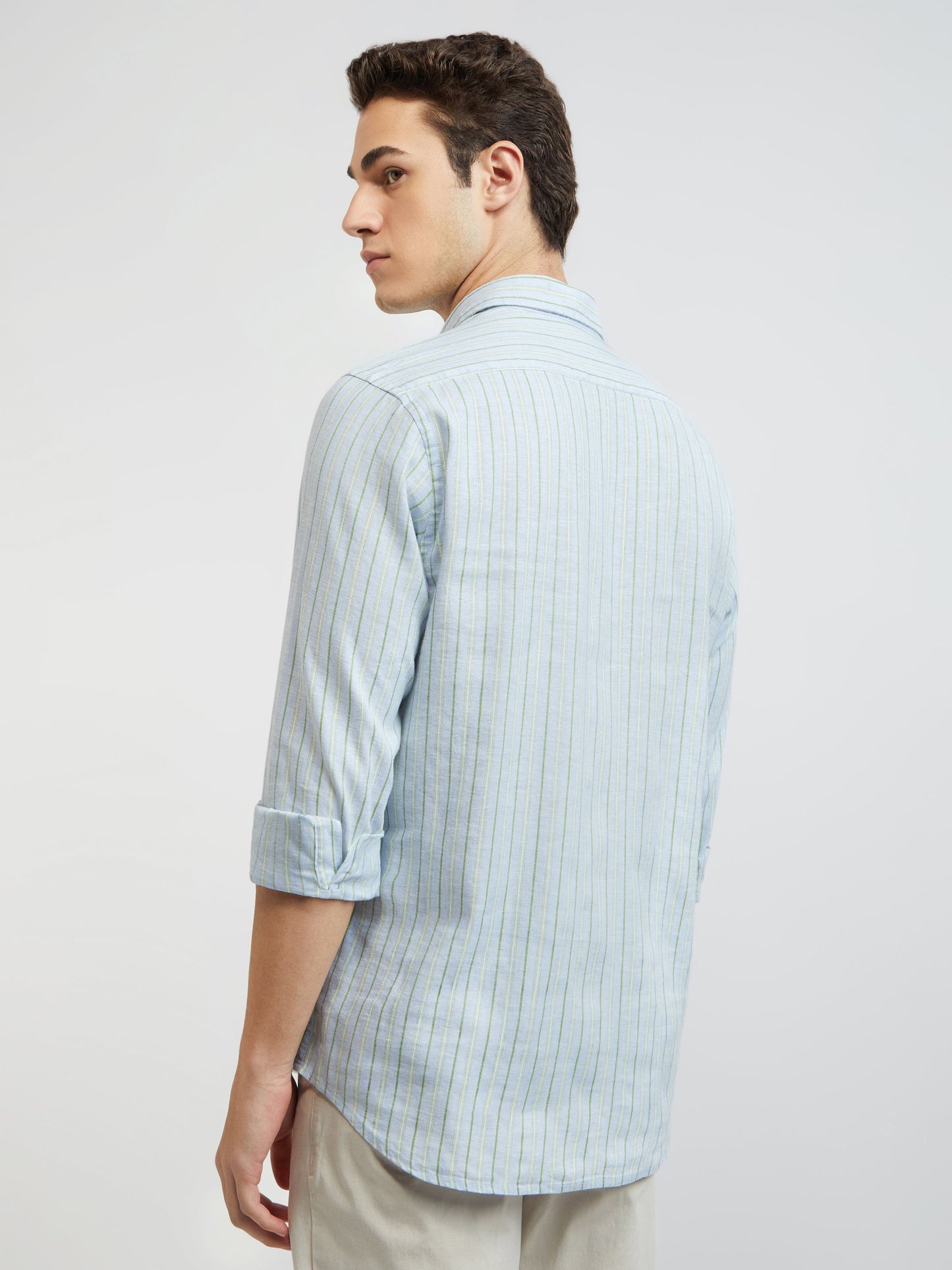 Colorplus Blue Stripe Tailored Fit Linen Blend Casual Shirt