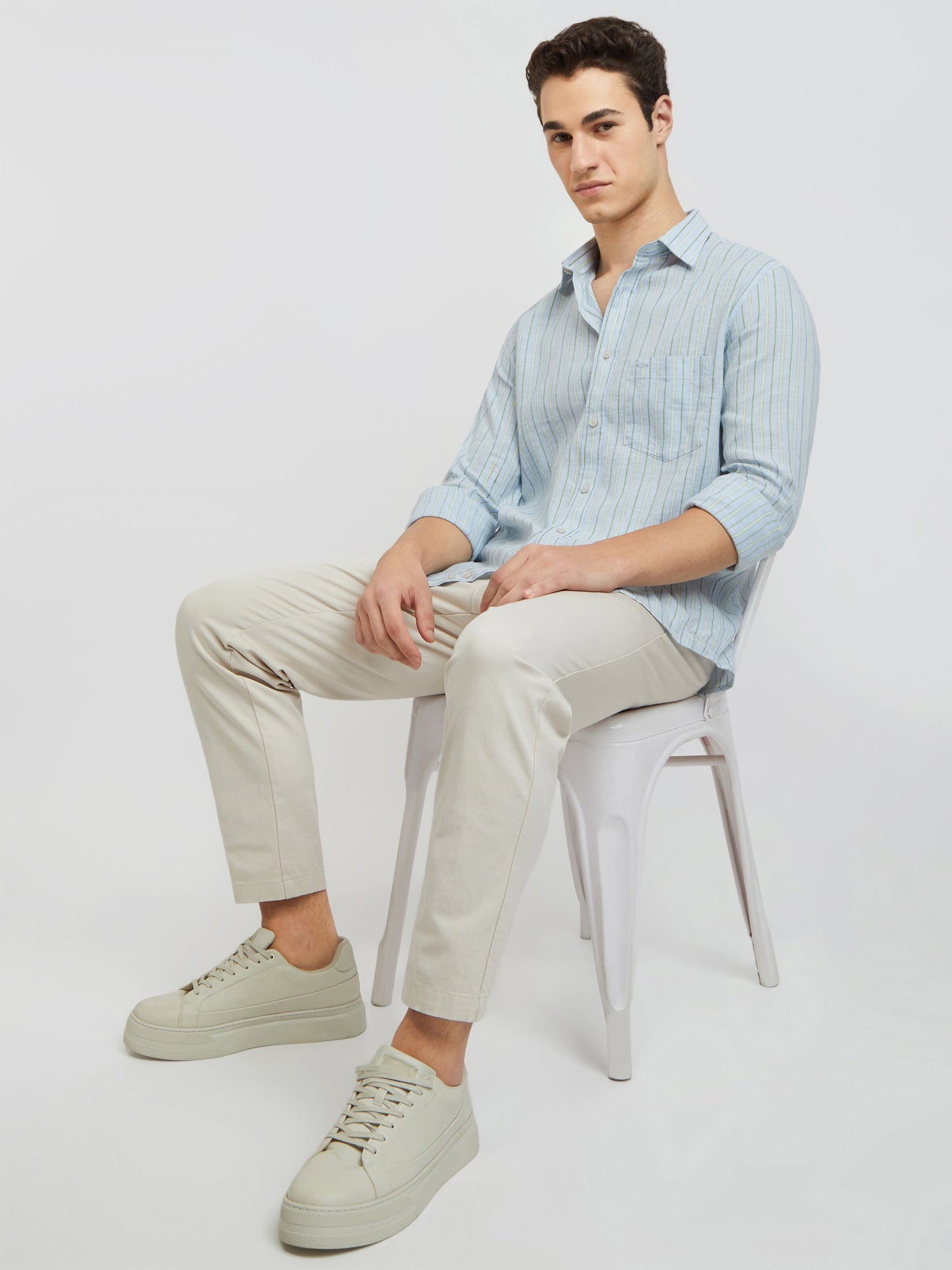 Colorplus Blue Stripe Tailored Fit Linen Blend Casual Shirt