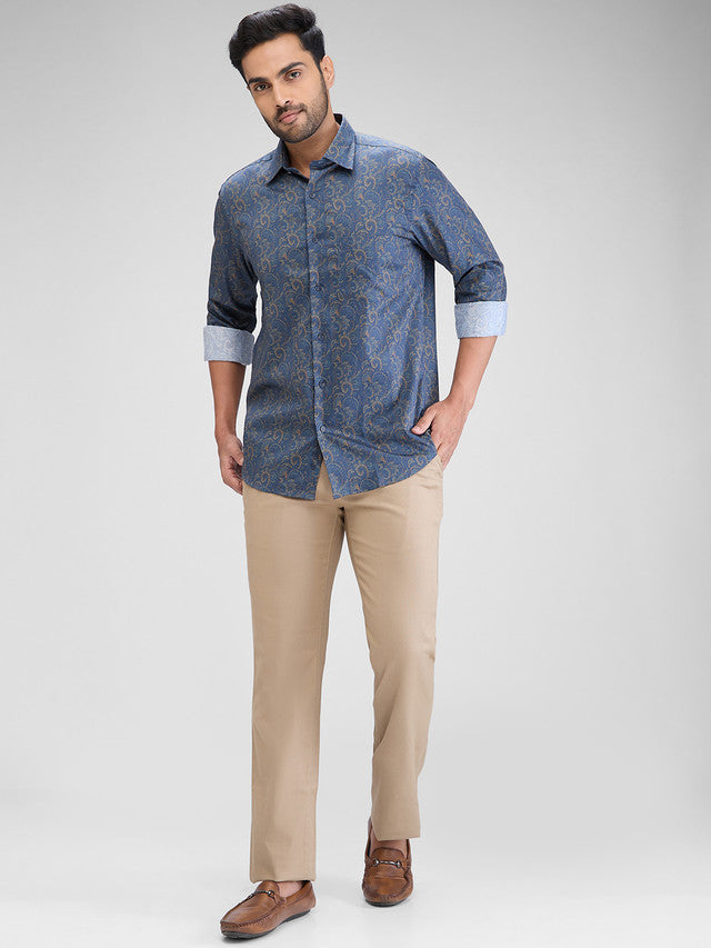 Colorplus Men Blue Printed Regular Fit Full Sleeve Spread Collar Shirt