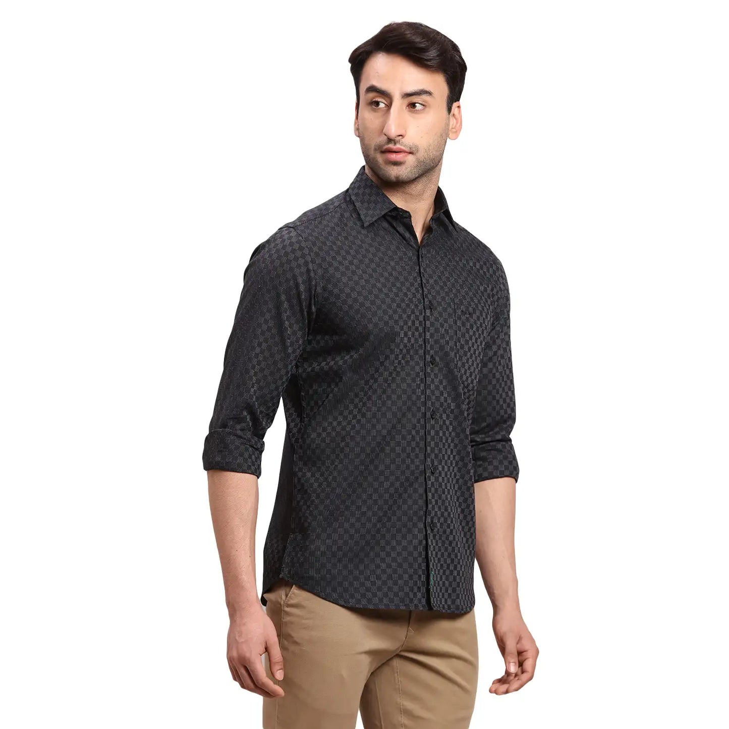 Men Black Regular Fit Dobby Cotton Full Sleeves Shirts