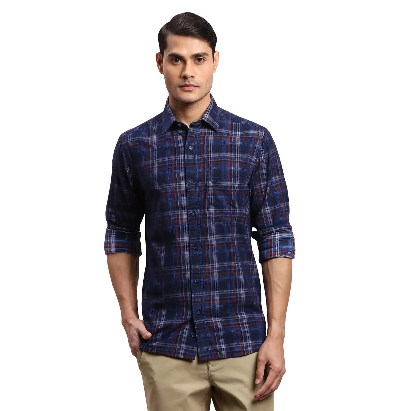 Men Blue Regular Fit Checks Cotton Full Sleeves Shirts