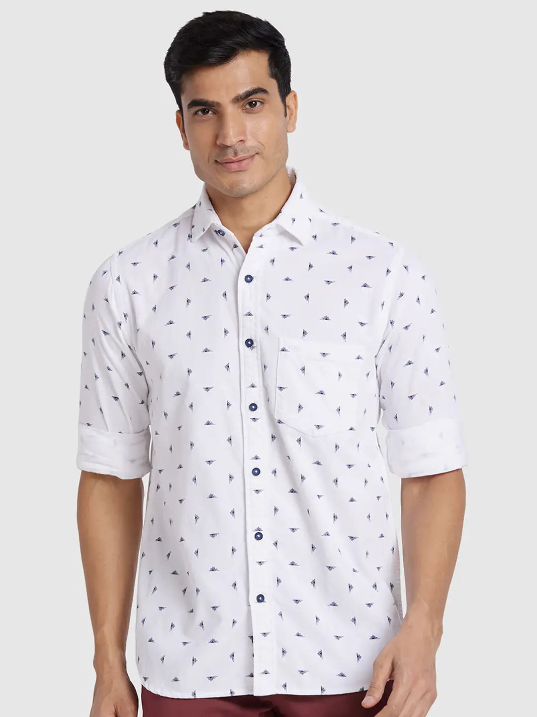 Men White Regular Fit Print Cotton Full Sleeve Shirts