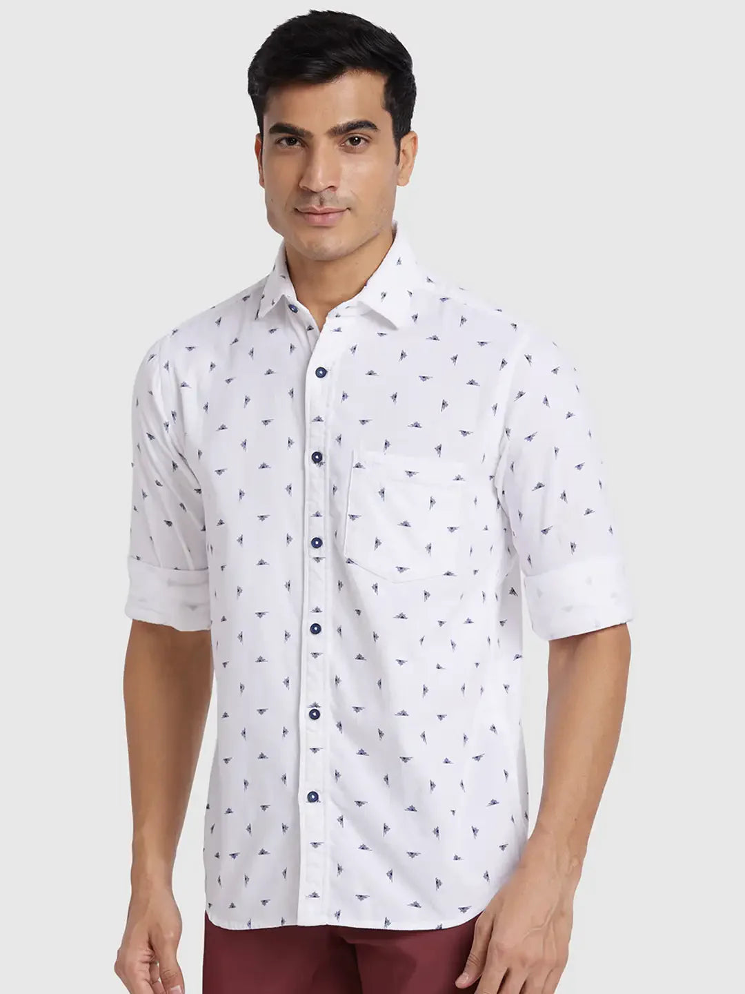 Men White Regular Fit Print Cotton Full Sleeve Shirts