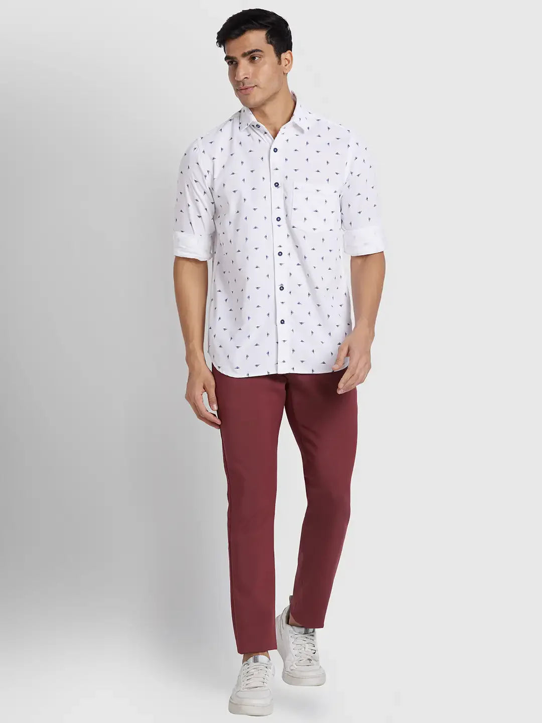 Men White Regular Fit Print Cotton Full Sleeve Shirts