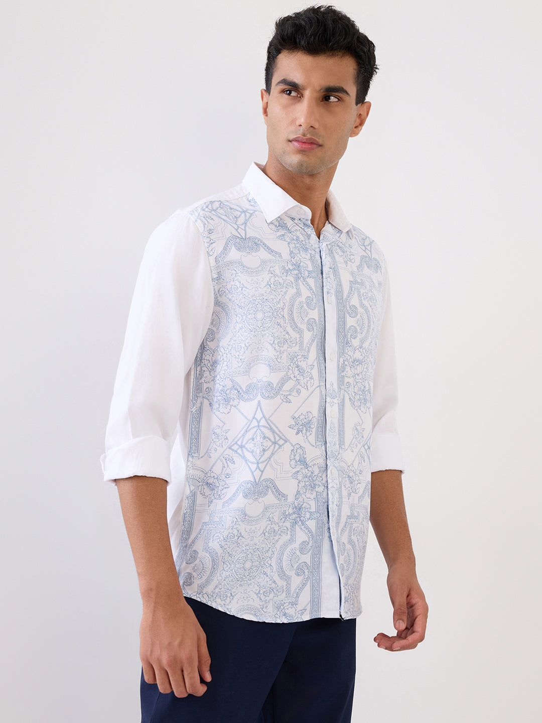 Colorplus Men Blue Printed Regular Fit Tencel Full Sleeve Casual Shirt