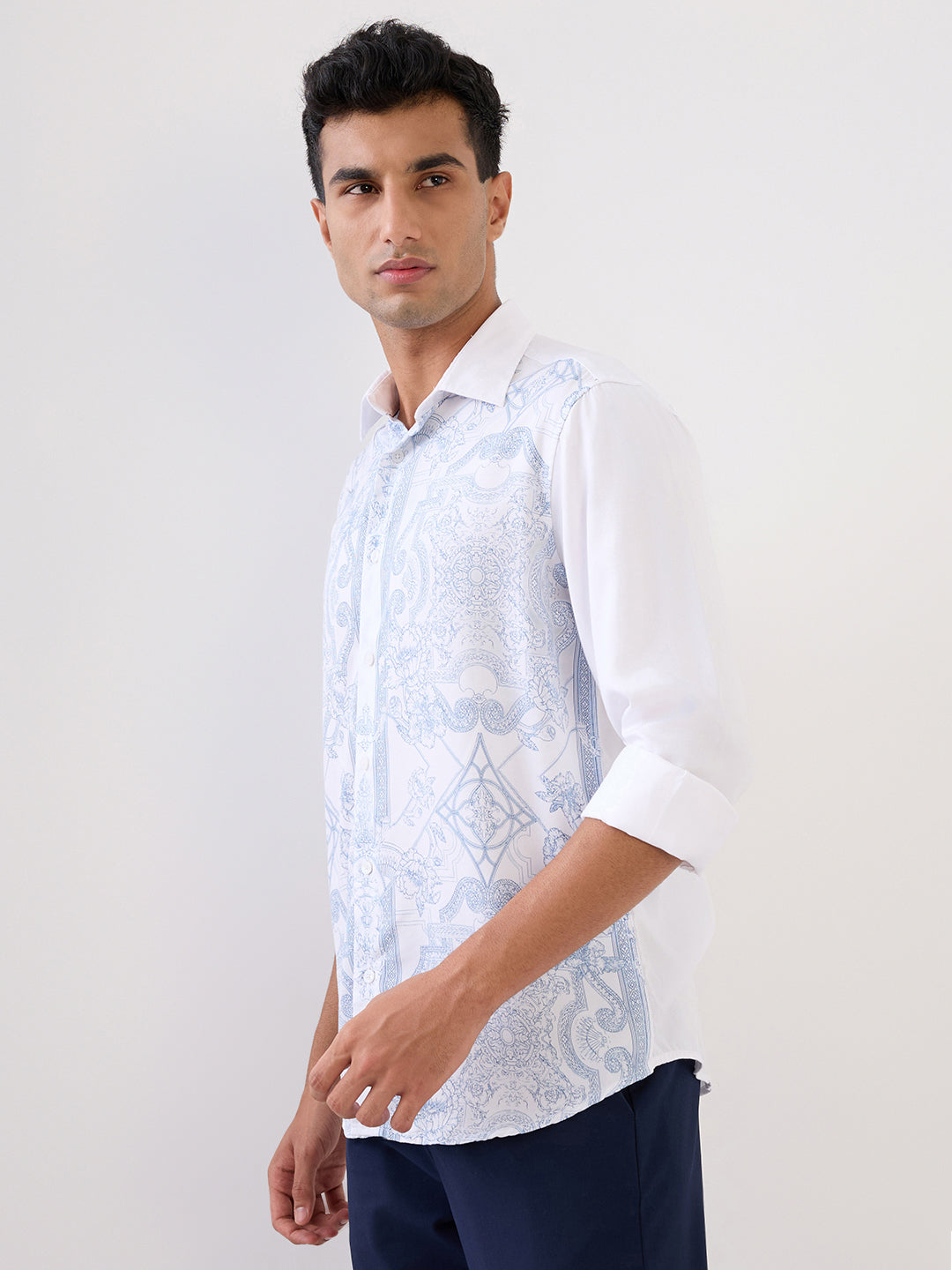 Colorplus Men Blue Printed Regular Fit Tencel Full Sleeve Casual Shirt