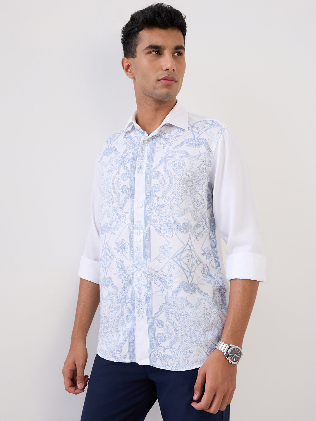 Colorplus Men Blue Printed Regular Fit Tencel Full Sleeve Casual Shirt