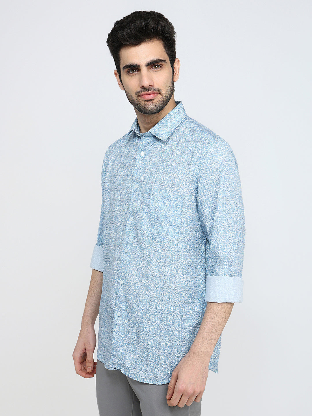 Colorplus Men Blue Printed Regular Fit Tencel Full Sleeve Casual Shirt