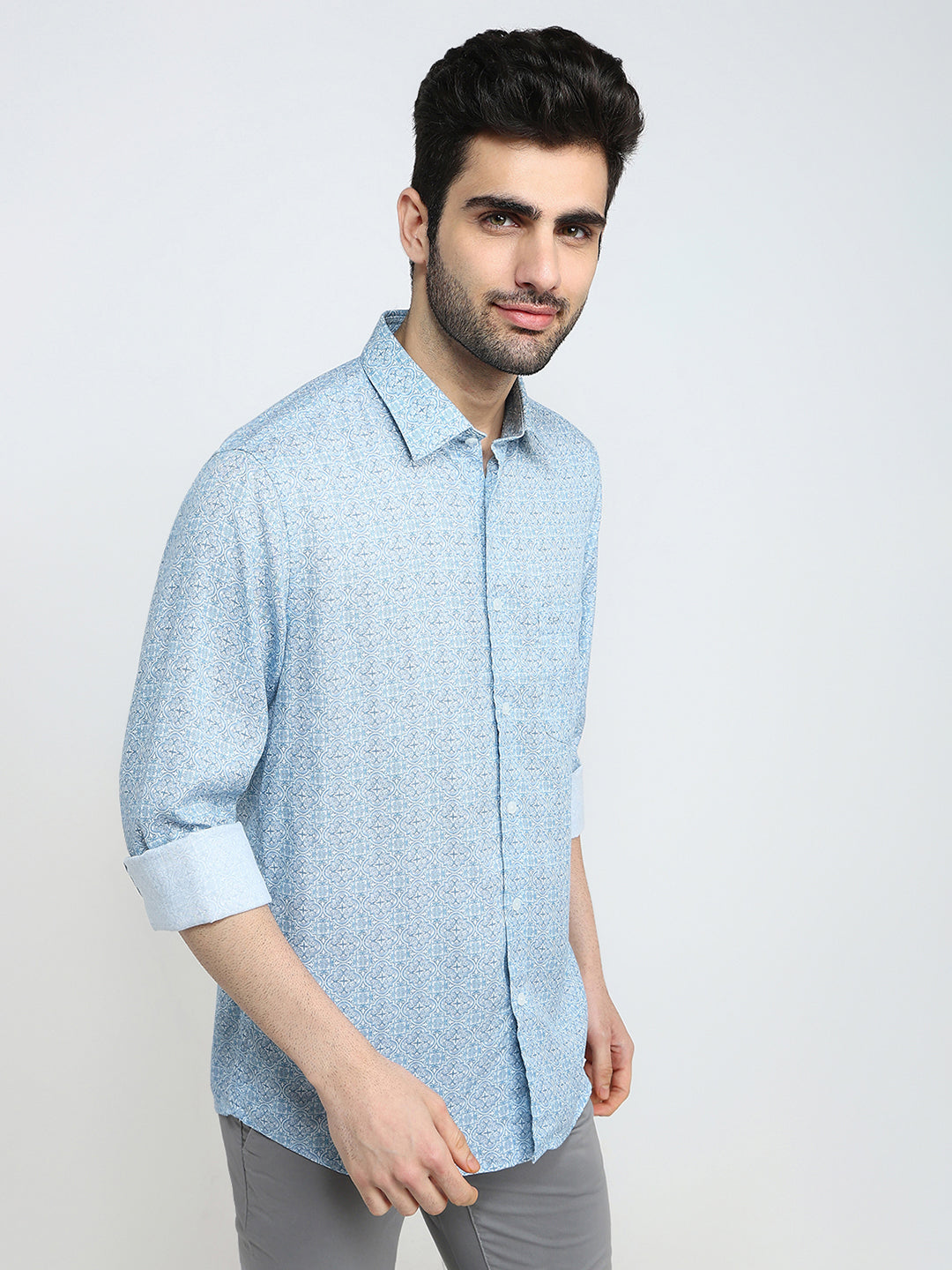 Colorplus Men Blue Printed Regular Fit Tencel Full Sleeve Casual Shirt