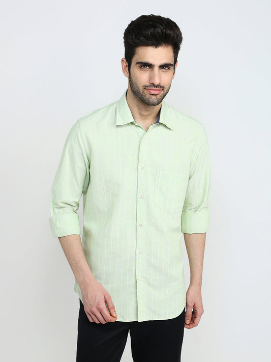 Colorplus Men Green Stripe Regular Fit Cotton Full Sleeve Casual Shirt