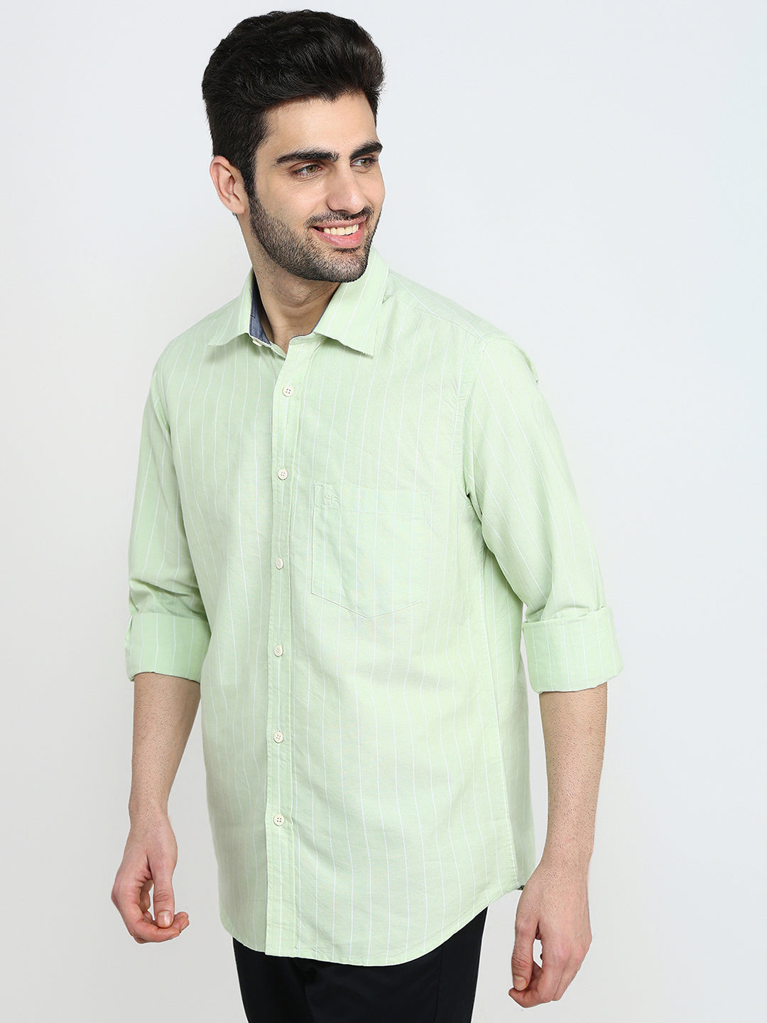 Colorplus Men Green Stripe Regular Fit Cotton Full Sleeve Casual Shirt