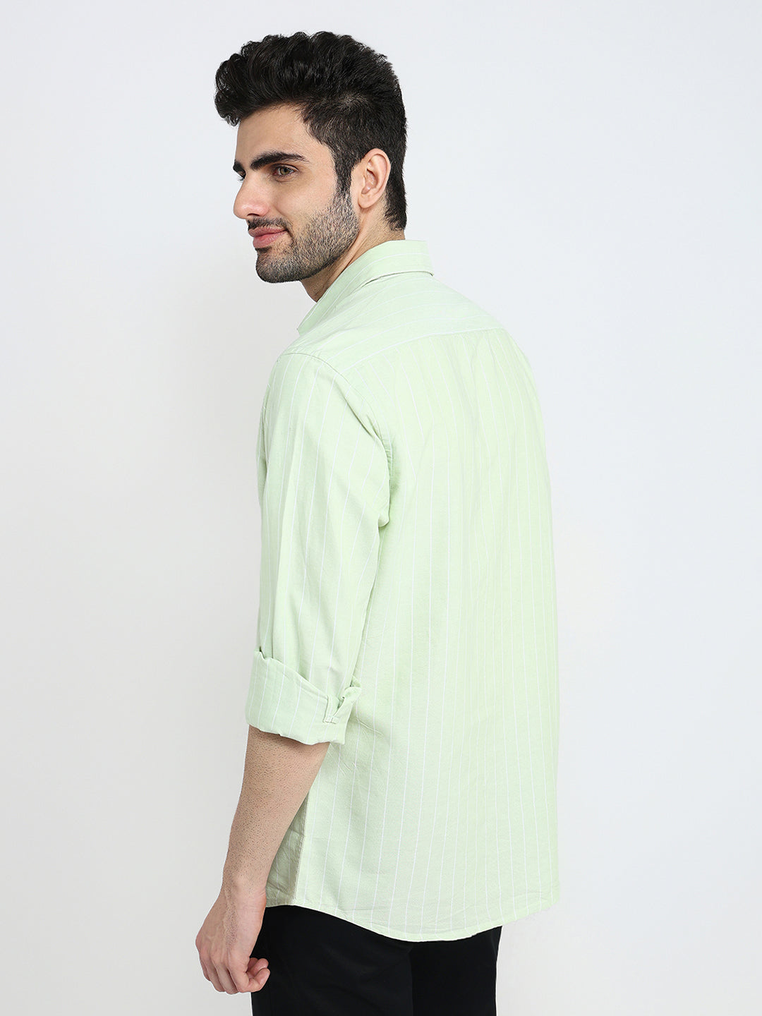 Colorplus Men Green Stripe Regular Fit Cotton Full Sleeve Casual Shirt