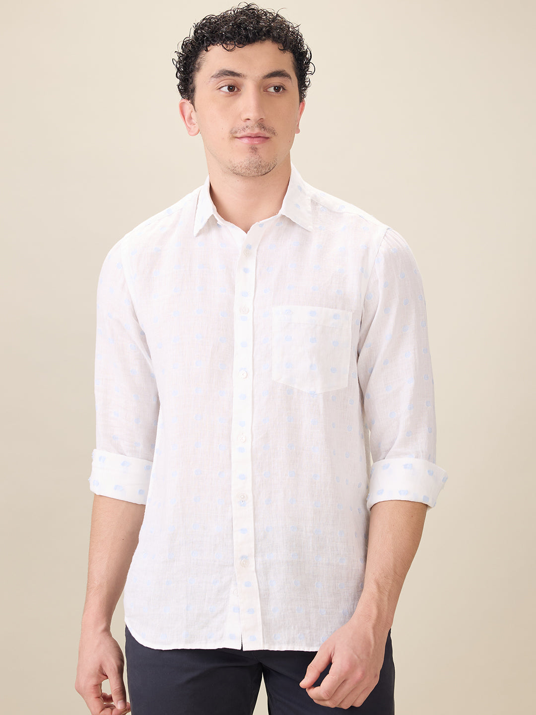 Colorplus Men White Jacquard Regular Fit Linen Blend Full Sleeve Casual Shirt