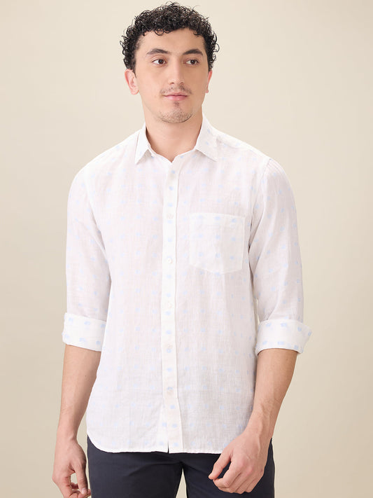 Colorplus Men White Jacquard Regular Fit Linen Blend Full Sleeve Casual Shirt