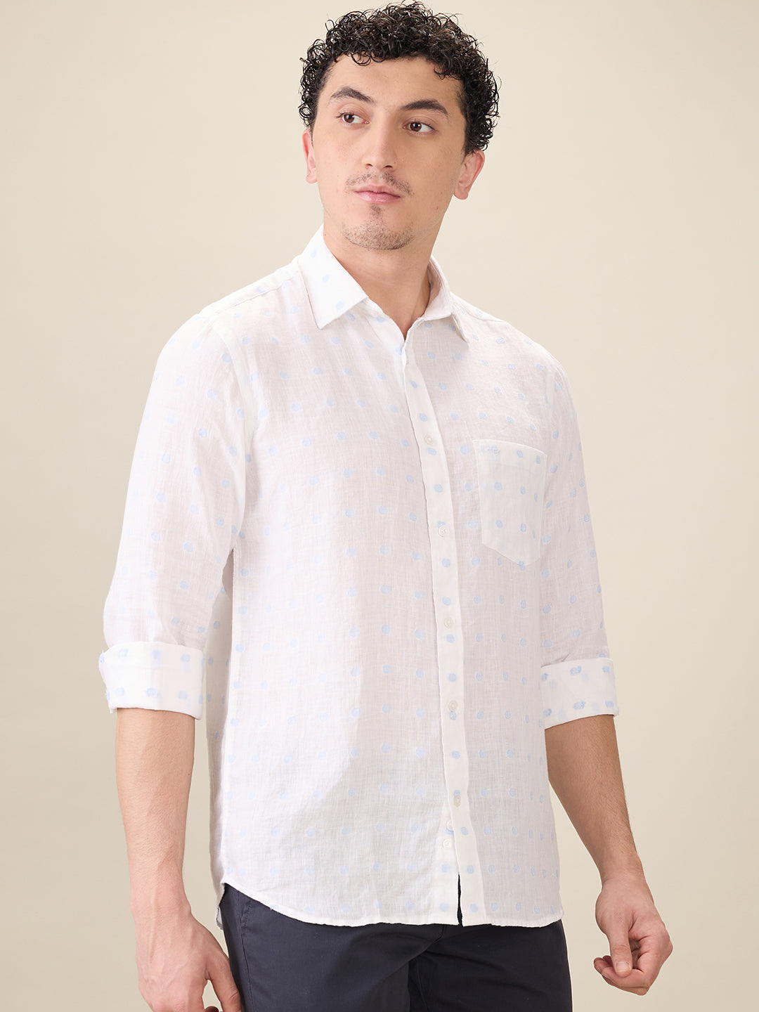 Colorplus Men White Jacquard Regular Fit Linen Blend Full Sleeve Casual Shirt