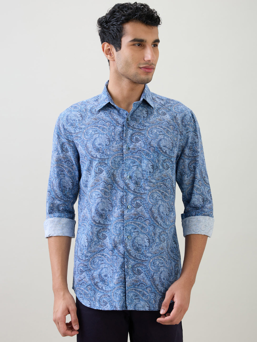 Colorplus Men Blue Printed Regular Fit Cotton Blend Full Sleeve Casual Shirt