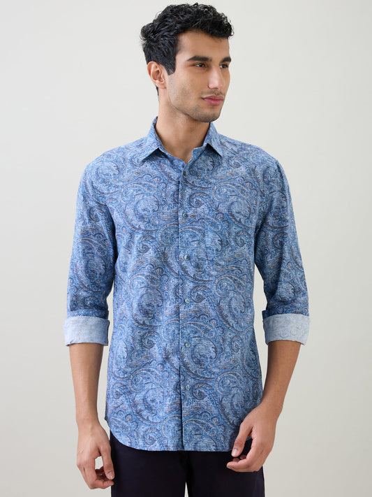 Colorplus Men Blue Printed Regular Fit Cotton Blend Full Sleeve Casual Shirt