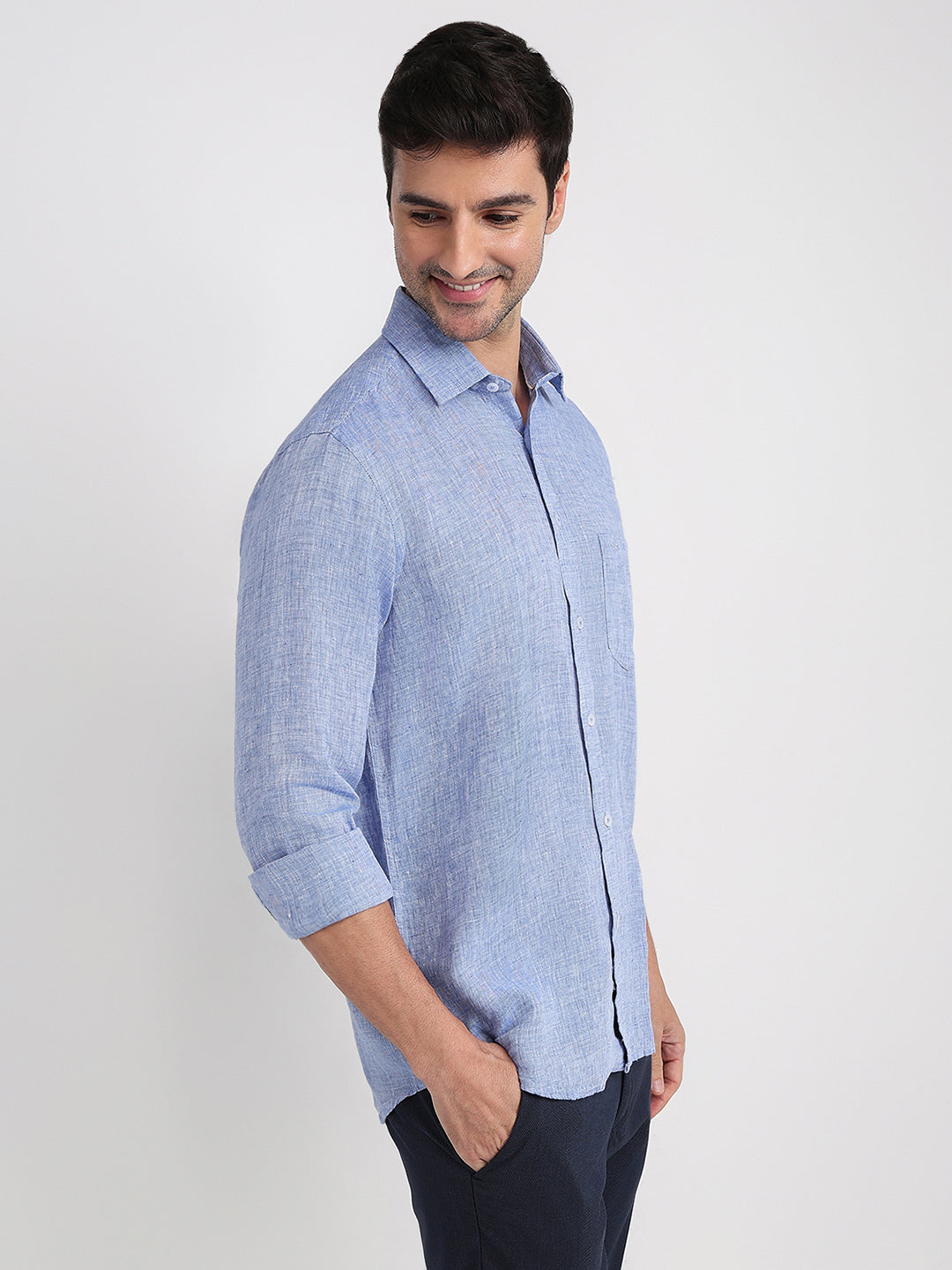 Colorplus Men Blue Solid Regular Fit Linen Full Sleeve Casual Shirt