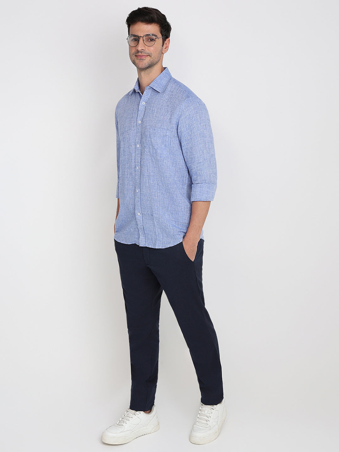 Colorplus Men Blue Solid Regular Fit Linen Full Sleeve Casual Shirt