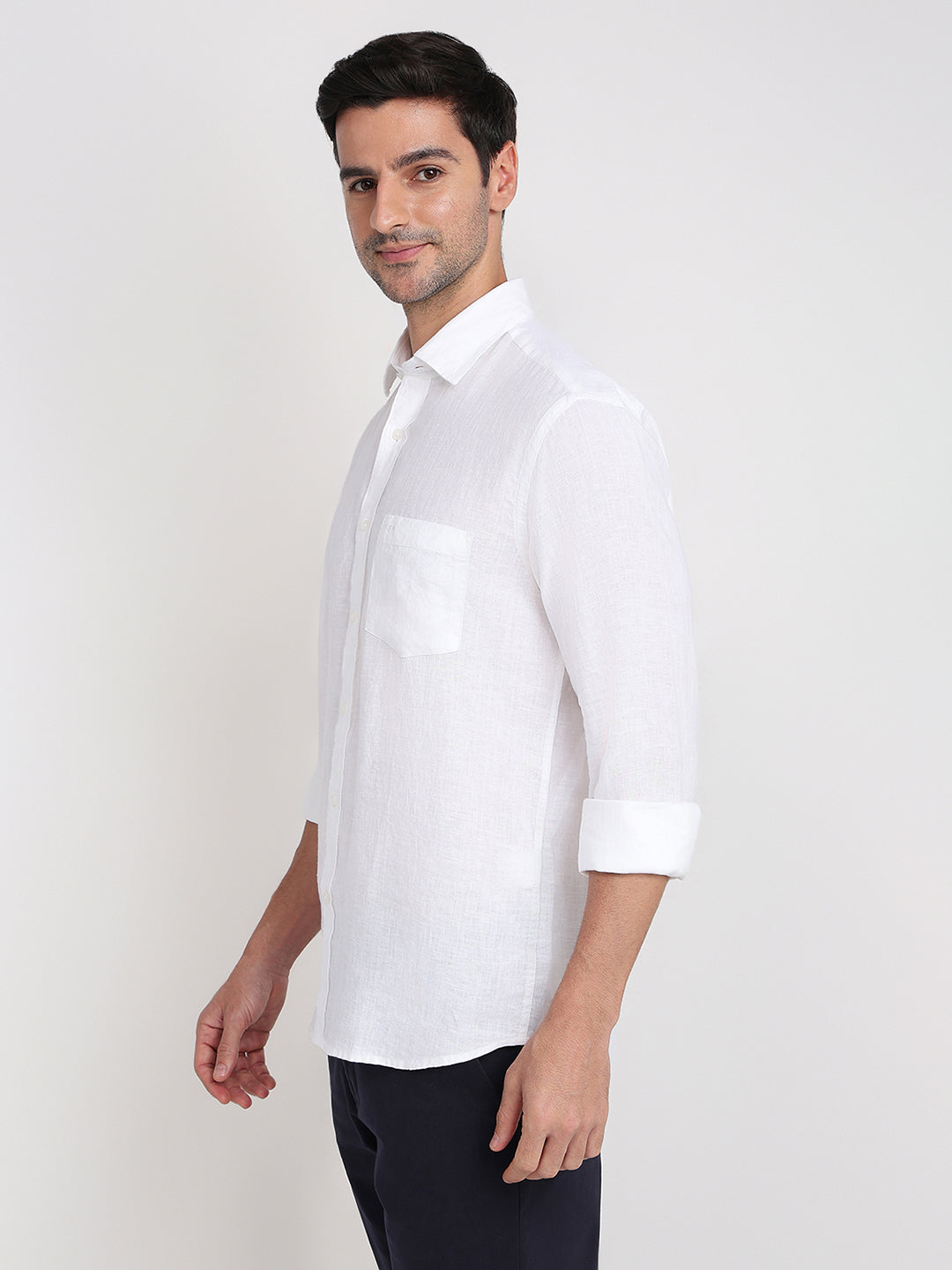 Colorplus Men White Solid Regular Fit Linen Full Sleeve Casual Shirt