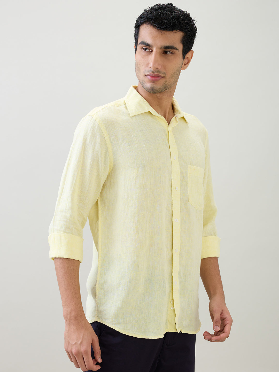 Colorplus Men Yellow Solid Regular Fit Linen Full Sleeve Casual Shirt