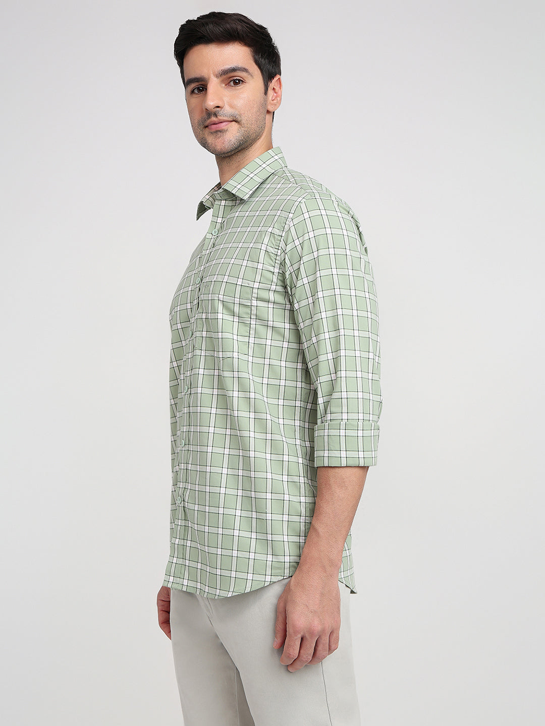 Colorplus Men Green Checks Regular Fit Cotton Full Sleeve Casual Shirt