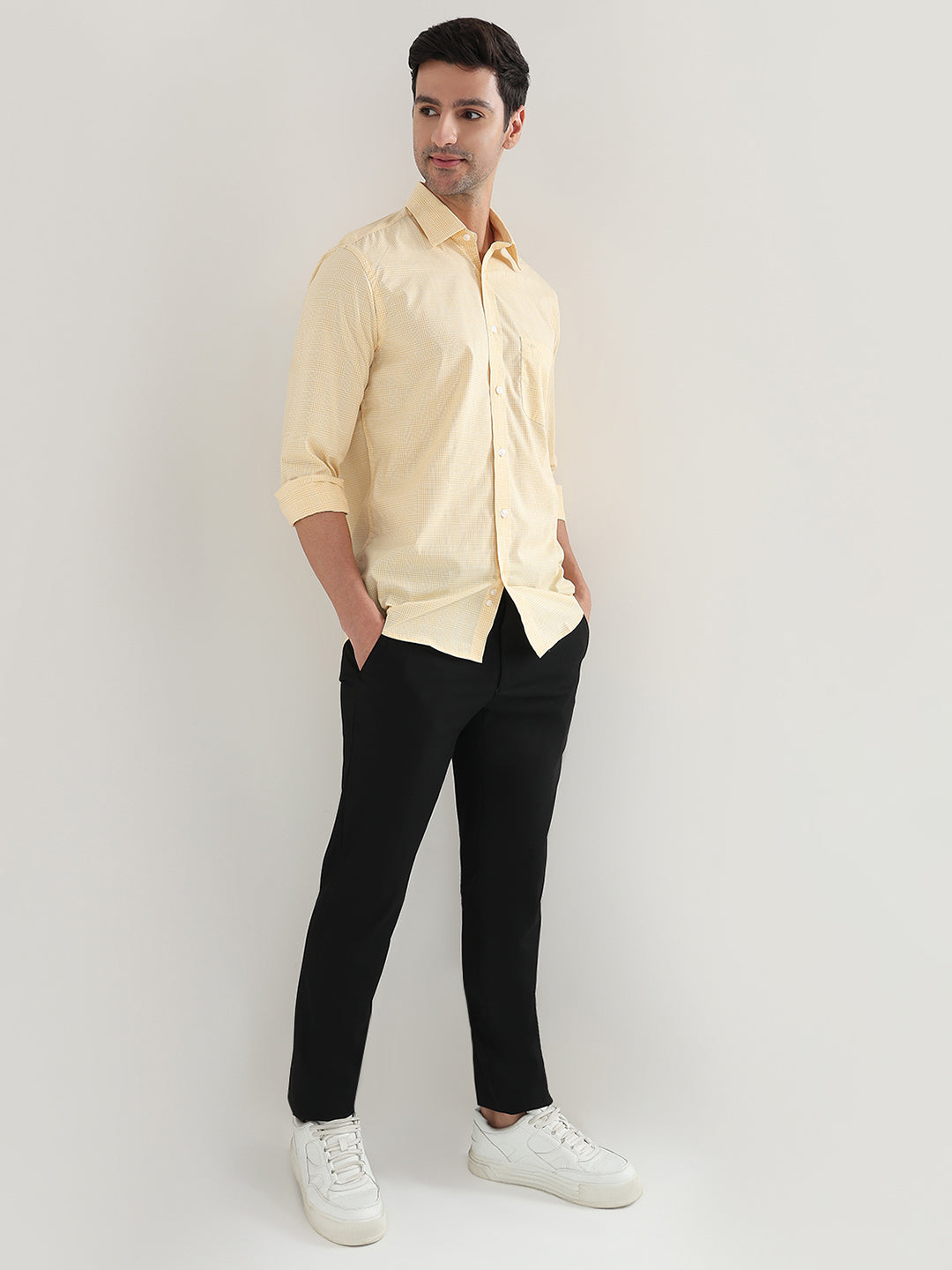 Colorplus Men Yellow Checks Regular Fit Cotton Full Sleeve Casual Shirt