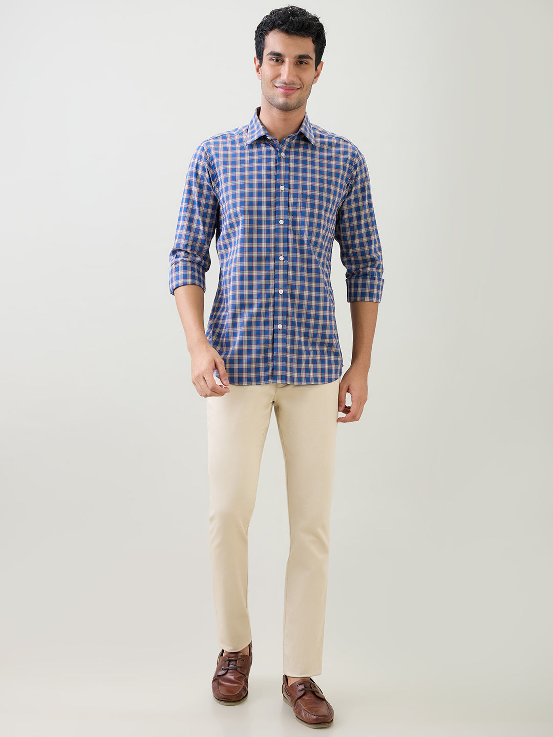 Colorplus Men Blue Checks Regular Fit Cotton Full Sleeve Casual Shirt