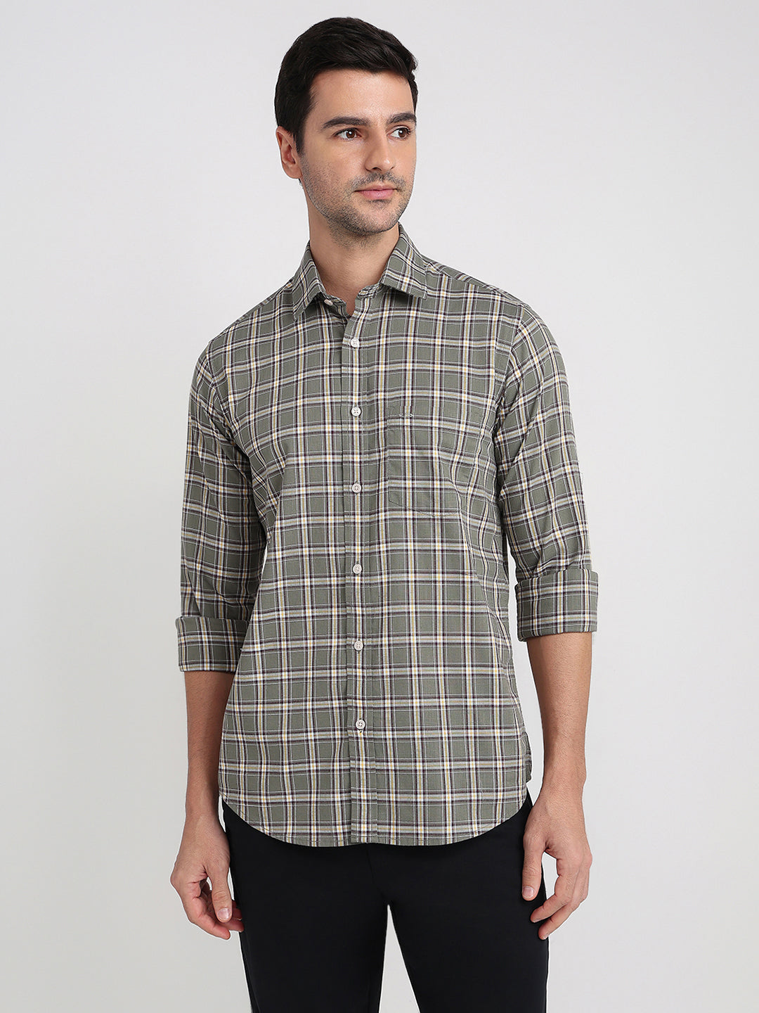 Colorplus Men Green Checks Regular Fit Cotton Full Sleeve Casual Shirt