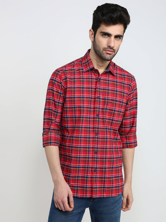Colorplus Men Red Checks Regular Fit Cotton Full Sleeve Casual Shirt