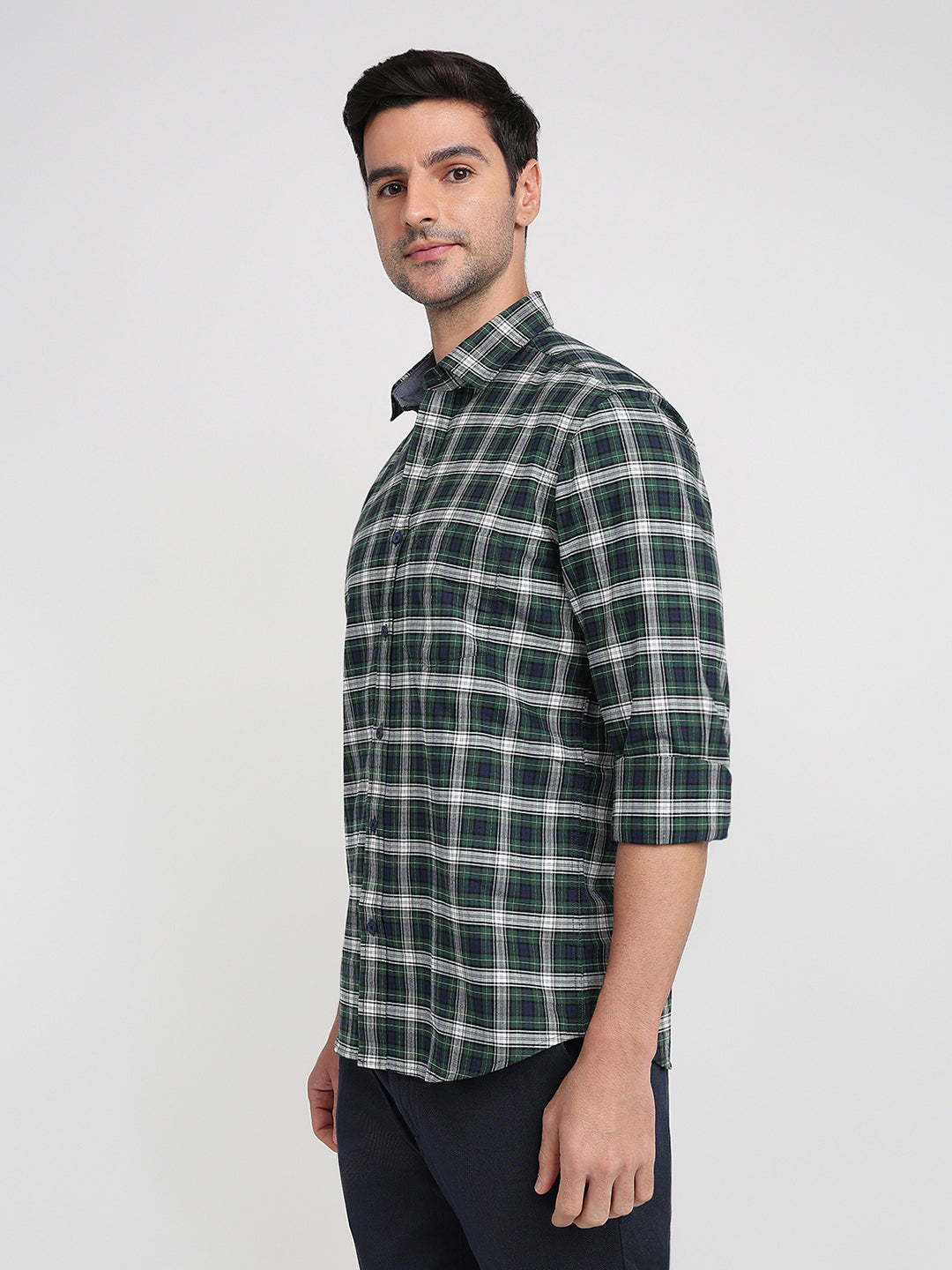 Colorplus Men Green Checks Regular Fit Cotton Full Sleeve Casual Shirt