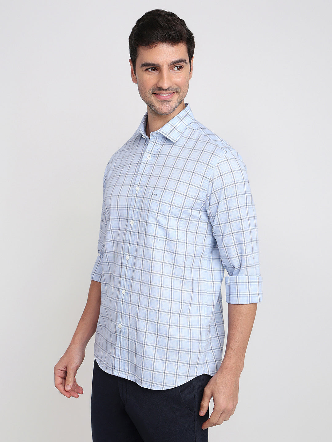 Colorplus Men Blue Checks Regular Fit Cotton Full Sleeve Casual Shirt
