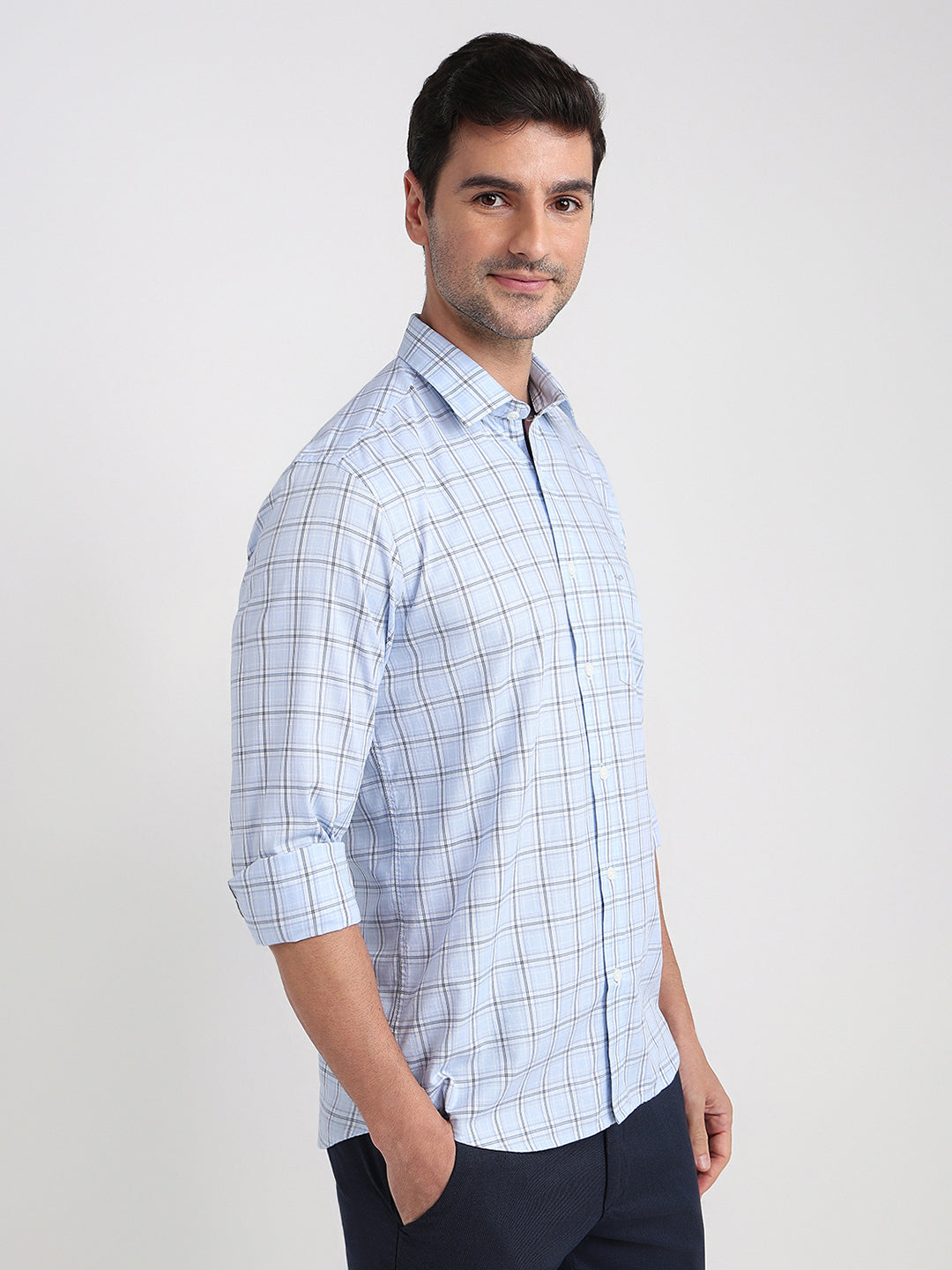 Colorplus Men Blue Checks Regular Fit Cotton Full Sleeve Casual Shirt